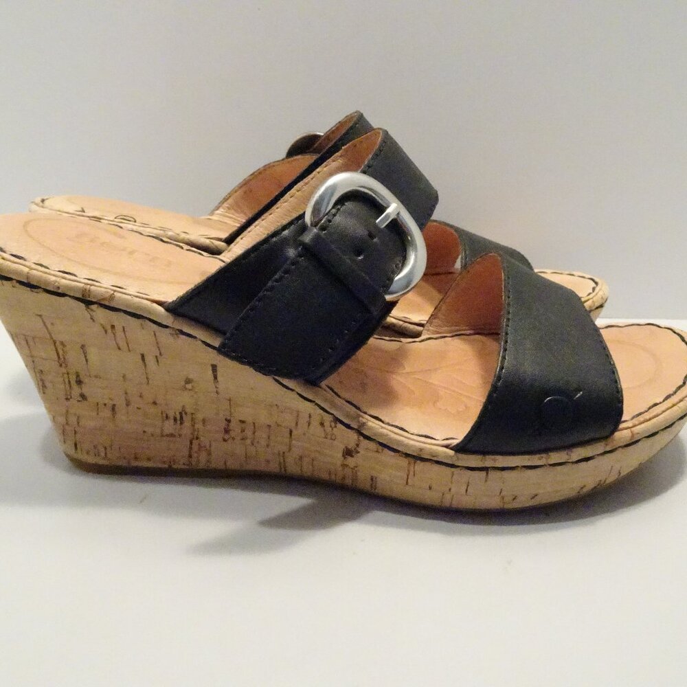 Born Women Sandal 8M Black Leather Open Toe Cork Wedge Comfort Shoes